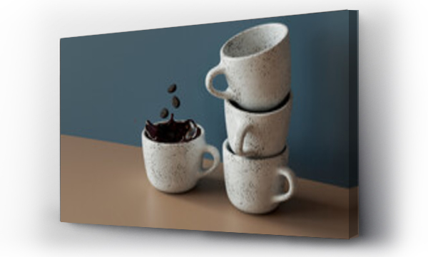 Wizualizacja Obrazu : #685640587 3D render of coffee beans falling into mug of coffee standing by stack of empty mugs