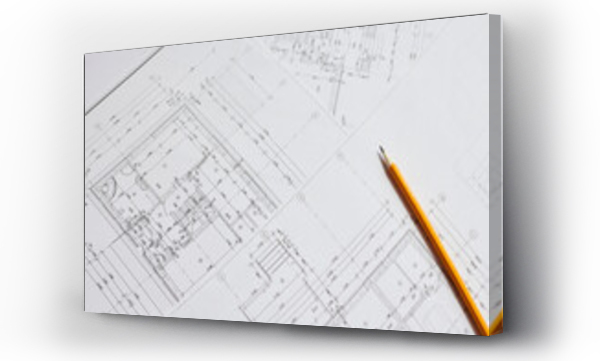 Wizualizacja Obrazu : #685656359 pencil and office tools for writing on the blueprint of construction industry. Place the rolls on a desk over blurred blueprint for construction industry background.