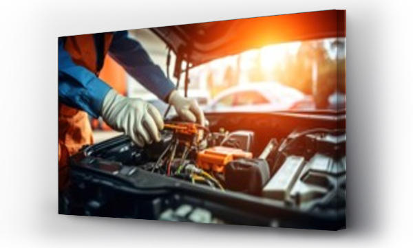 Wizualizacja Obrazu : #685657452 Technician Hands of car mechanic working repair in auto repair Service electric battery and Maintenance of car battery. Check the electrical system inside the car