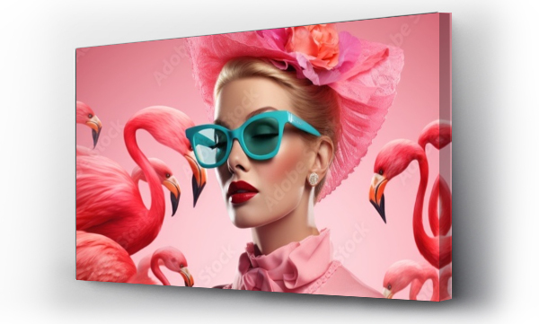 Wizualizacja Obrazu : #685994928 Young girls in beautiful fashionable clothes in flamingo plumage colors, exotic bird and high fashion, fashion magazine cover, banner