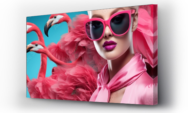 Wizualizacja Obrazu : #685994936 Young girls in beautiful fashionable clothes in flamingo plumage colors, exotic bird and high fashion, fashion magazine cover, banner