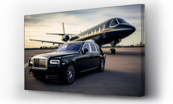 Wizualizacja Obrazu : #686085893 Luxury black car standing next to a private black jet at the airport, rich and luxurious life theme, front view.generative ai