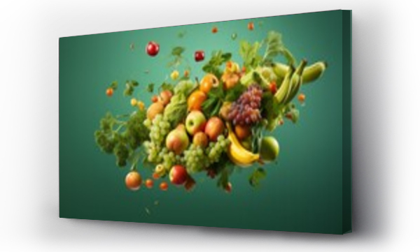 Wizualizacja Obrazu : #686196987 A paper bag with fruits flying out against a green background with copyspace for text Assorted vegetables and fruits are flying out of a paper bag, symbolizing vegan shopping
