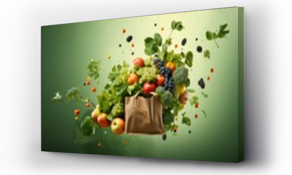Wizualizacja Obrazu : #686197040 A paper bag with fruits flying out against a green background with copyspace for text Assorted vegetables and fruits are flying out of a paper bag, symbolizing vegan shopping