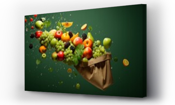 Wizualizacja Obrazu : #686197104 A paper bag with fruits flying out against a green background with copyspace for text Assorted vegetables and fruits are flying out of a paper bag, symbolizing vegan shopping