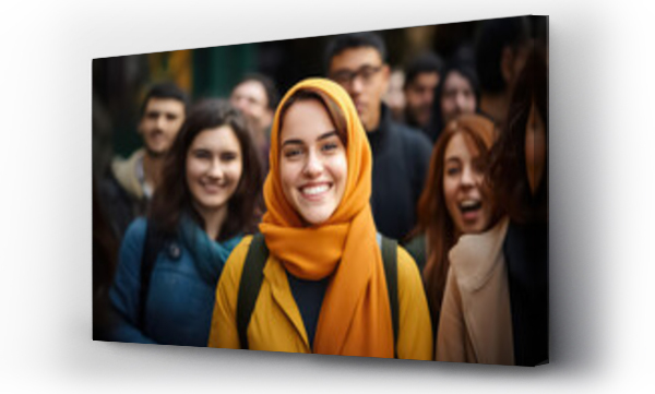Wizualizacja Obrazu : #686314951 A Muslim woman in a hijab with a happy face stands and smiles with a confident smile against the background of other people