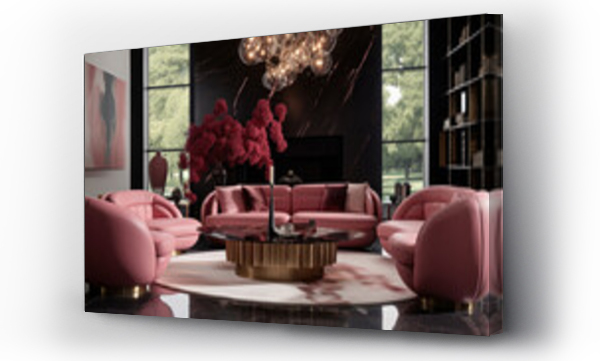Wizualizacja Obrazu : #686563950 Pink velvet sofa in a luxurious living room interior with molding on pink walls and retro design