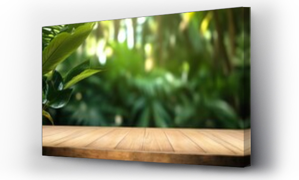 Wizualizacja Obrazu : #686567639 Wood podium outdoors with blur green monstera tropical forest plant, nature background