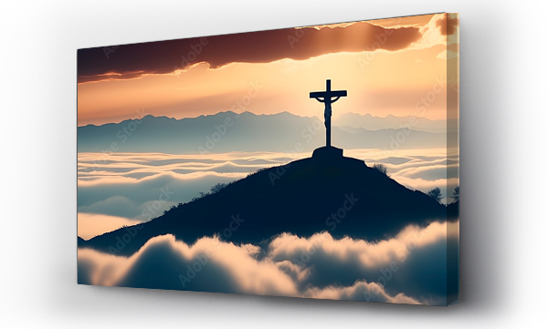 Wizualizacja Obrazu : #687185327 Silhouette of a cross on top of a hill above the clouds. Concept of faith and Christianity in banner format.