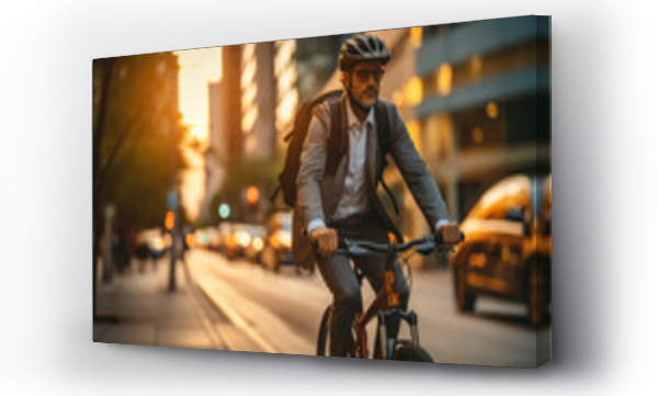 Wizualizacja Obrazu : #687282421 Businessman wearing helmet ride bicycle on long road in city in sunset.Generated AI.