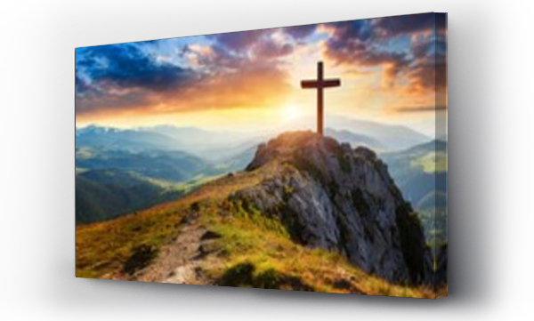Wizualizacja Obrazu : #687323442 christian cross on top of a mountain sunset landscape easter wallpapers generative ai