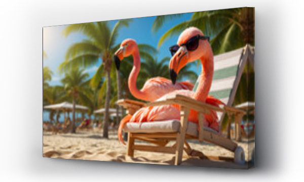 Wizualizacja Obrazu : #687700991 Cute cartoon funny flamingo, sunglasses, beach, palm trees