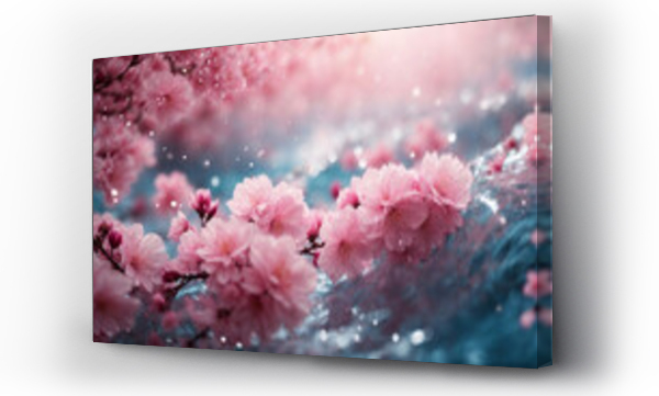 Wizualizacja Obrazu : #687709637 Fiori di ciliegio, sakura, galleggiano sullacqua azzurra con sfondo sfocato con colore rosa