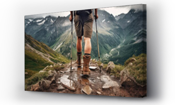 Wizualizacja Obrazu : #687966599 male hiker conquering a rocky trail, showcasing a retro aesthetic and the thrill of a successful climb in the mountainous landscape.