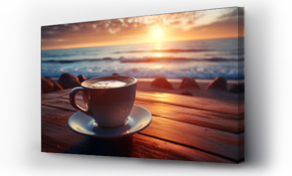 Wizualizacja Obrazu : #688107081 Hot cup of coffee on beach table with calm ocean and setting sun in background, AI Generated