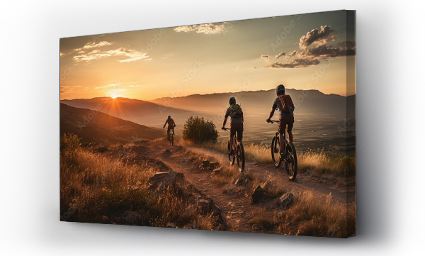 Wizualizacja Obrazu : #688205847 Mountain bikers riding on a mountain trail during sunset