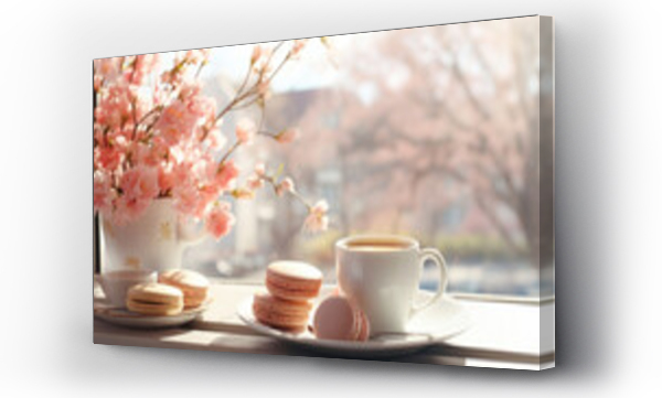 Wizualizacja Obrazu : #688419131 Cup of coffee and macaroons on windowsill with spring flowers
