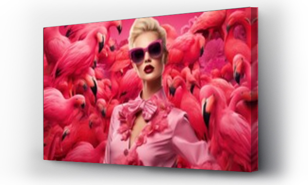 Wizualizacja Obrazu : #688770467 Young girls in beautiful fashionable clothes in flamingo plumage colors, exotic bird and high fashion, fashion magazine cover