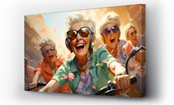 Wizualizacja Obrazu : #688844056 Older group of women wearing sunglass while ride bike together through the nature
