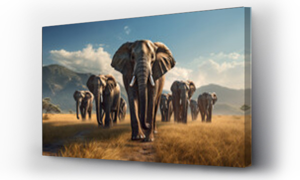 Wizualizacja Obrazu : #688970479 large elephant group walking with mountain in background