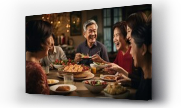 Wizualizacja Obrazu : #689096793 Happy, cheerful Asian people, one family sitting around same party table celebrating Lunar New Year.