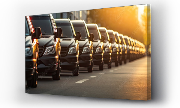 Wizualizacja Obrazu : #689146969 Many black luxury vans parked in a row at a car dealership with a close up view of the tail lights against a sunset Fleet of vans for commercial cargo transportation and VIP charters Copy space