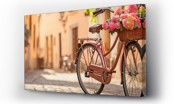 Wizualizacja Obrazu : #689217090 In a European city, a retro bicycle with a basket and flowers .