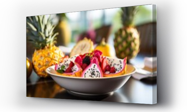 Wizualizacja Obrazu : #689297206 A plate with exotic fruits, including dragon fruit and strawberries, on a table with a backdrop of tropical fruits.