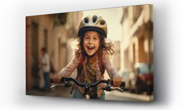 Wizualizacja Obrazu : #689328362 a cute girl wearing a helmet on her bike riding down the street,
