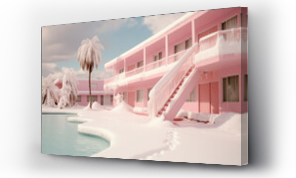 Wizualizacja Obrazu : #689370167 Tropical resort after unexpected snowstorm. Retro feel. Pink southern hotel with a frozen swimming pool and palm trees covered in snow. Abandoned building. Climate change. Winter in tropics.