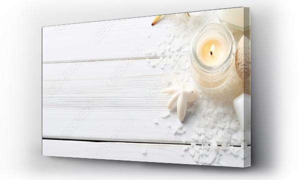 Wizualizacja Obrazu : #689392445 Beauty treatment items for spa procedures on white wooden table. massage stones, essential oils and sea salt. copy space