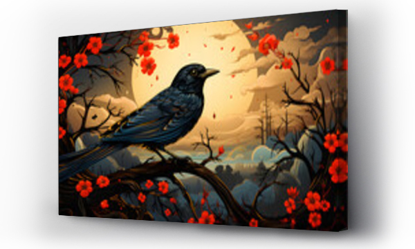 Wizualizacja Obrazu : #689421501 Art life of bird in nature, block print style dark fantasy style