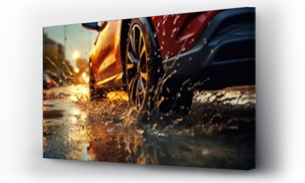 Wizualizacja Obrazu : #689530884 Close-up of car tires and splashes water on wet asphalt in rain. Car drives through puddles after rain. Driving extreme banner with copy space