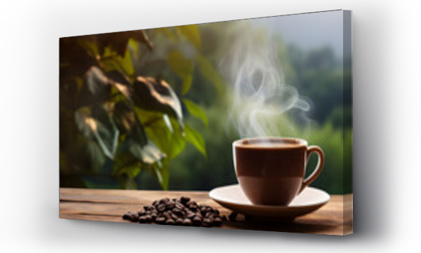 Wizualizacja Obrazu : #689666928 Coffee cup with smoke and coffee beans on wooden table on nature background.