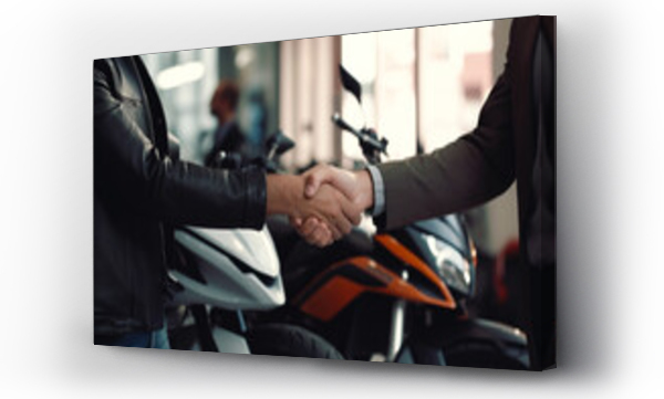 Wizualizacja Obrazu : #689732780 Happy customer shaking hands with sales agent after a successful motorcycle buying