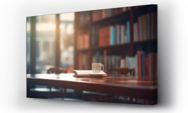Wizualizacja Obrazu : #689815192 Table with coffee and books with modern looking library background, sun light 