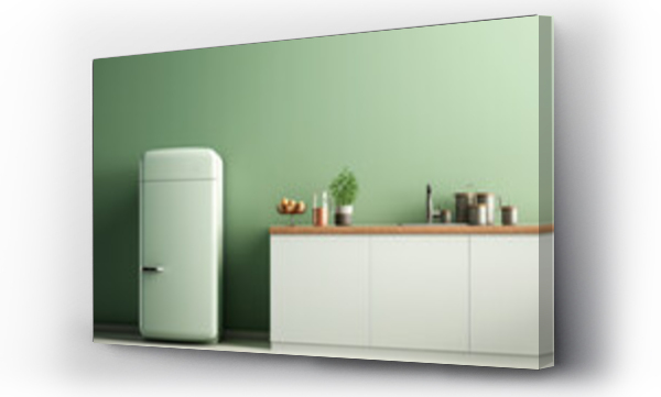 Wizualizacja Obrazu : #689873860 Fragment of modern minimalist kitchen with green wall and green retro refrigerator. Wooden countertop with sink and plain white facades, plant in a pot, kitchen utensils. Mockup.