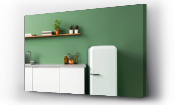 Wizualizacja Obrazu : #689874152 Fragment of modern minimalist kitchen with green wall and white retro refrigerator. Grey countertop with sink and white facades, plants in pots, wall shelf.