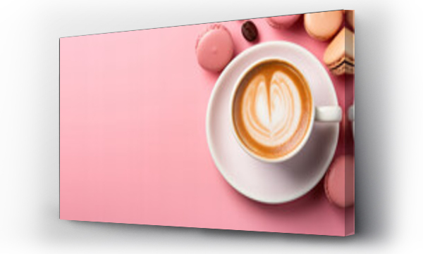 Wizualizacja Obrazu : #689944998 Cup of coffee with heart, Valentines day background banner . White cup of coffee, pink beige macaroons on pink background. Romantic backdrop. Copy space,  Valentine day Mother day Easter concept