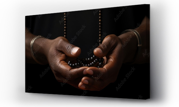 Wizualizacja Obrazu : #690226504 Prayer rosary and hands of black man for worship faith and belief for support help and hope Religion praying and christian person in home for meditation spiritual healing and trust for praise