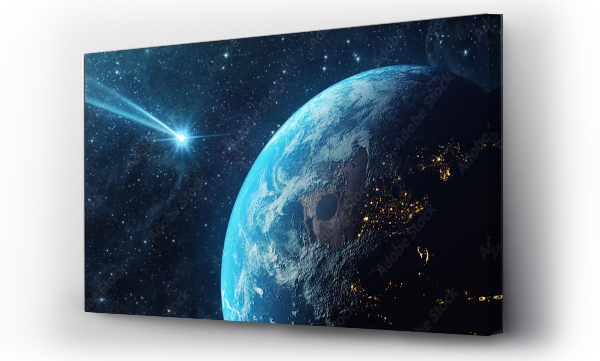 Wizualizacja Obrazu : #690233868 Comet, asteroid, meteorite flying to the planet Earth.  Glowing asteroid and tail of a falling comet threatening the safety of the Earth.  Elements of this image furnished by NASA.