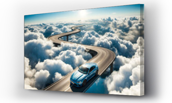 Wizualizacja Obrazu : #690279041 A car driving on a winding road between the clouds, indicating the concept of the difficulty of reaching the goal