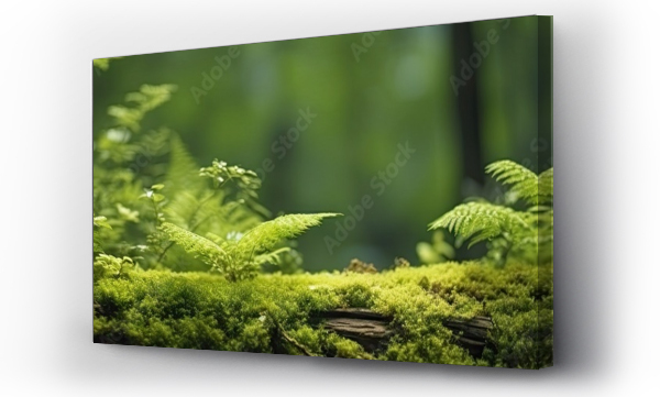 Wizualizacja Obrazu : #690662253 Enchanting mossy wonderland. Close up view of nature lush greenery. Captivating image showcases moss ferns and lichen creating vibrant tapestry on trees and rocks