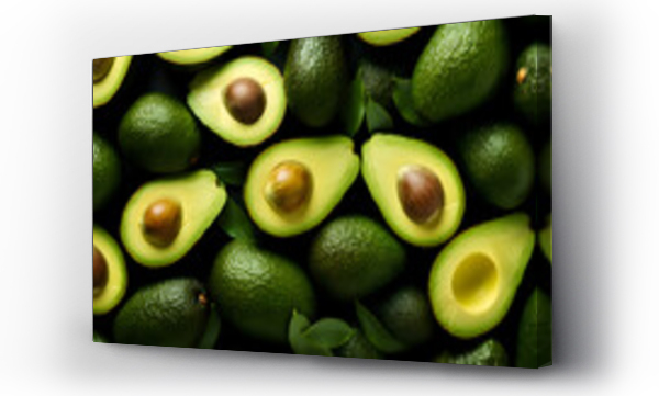 Wizualizacja Obrazu : #690782307 Top view fruit background with fresh cutted green avocados 