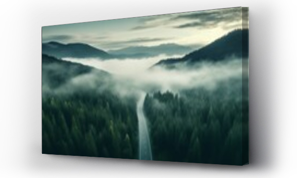 Wizualizacja Obrazu : #690924838 Aerial top view mountain road in dark green foggy forest