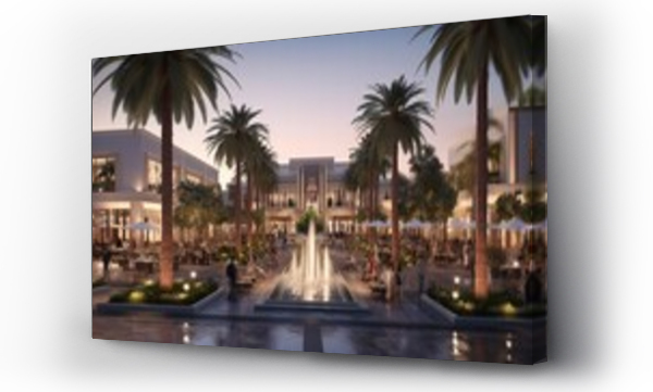 Wizualizacja Obrazu : #690956453 An upscale shopping plaza with an elegant outdoor promenade, adorned with designer boutiques and fine dining options, all set against a backdrop of majestic palm trees and contemporary architecture