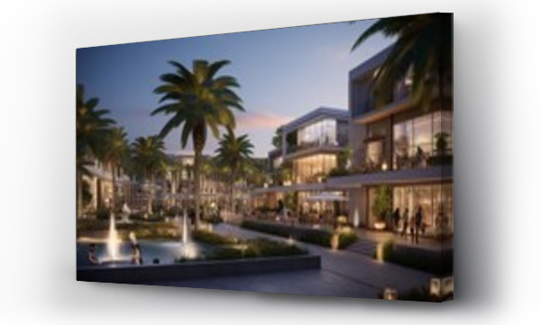 Wizualizacja Obrazu : #690957223 An upscale shopping plaza with an elegant outdoor promenade, adorned with designer boutiques and fine dining options, all set against a backdrop of majestic palm trees and contemporary architecture