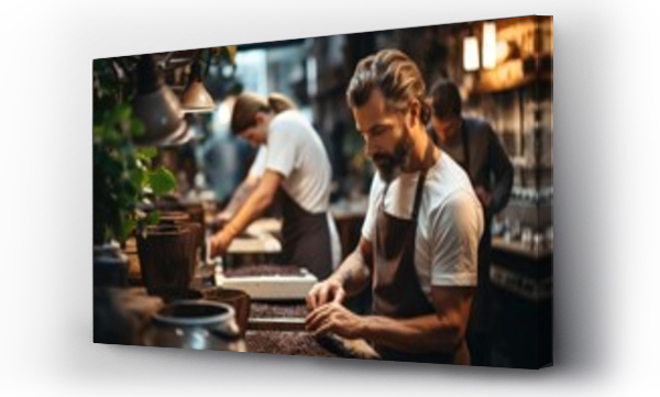 Wizualizacja Obrazu : #690991073 Owner coffee production, People working on coffee production in a coffee shop.