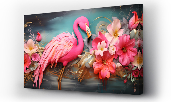 Wizualizacja Obrazu : #691001570 Pink flamingo with many flowers and blue background