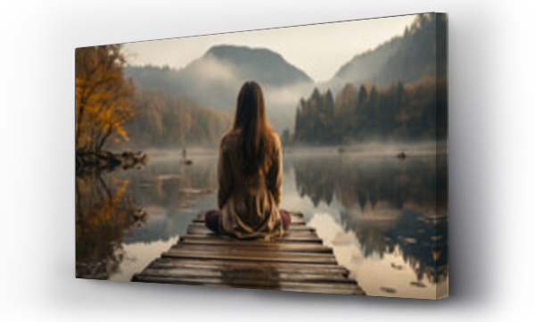 Wizualizacja Obrazu : #691235169 Young woman meditating on wooden pier early morning
